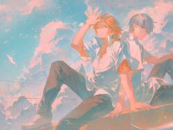 Rule 34 | 2boys, arm on knee, arm support, arm up, back-to-back, bakutiku, bird, black pants, blue hair, brown eyes, brown hair, chain-link fence, closed mouth, cloud, cloudy sky, collarbone, cowboy shot, dress shirt, fence, foot out of frame, grey hair, grin, hanamura yousuke, headphones, headphones around neck, high collar, highres, knee up, layered sleeves, looking at viewer, male focus, multiple boys, narukami yu, open collar, orange shirt, orange sleeves, outdoors, pants, parted bangs, persona, persona 4, shirt, shoes, short sleeves, sitting, sky, smile, solo, swept bangs, teeth, white bird, white shirt, white shoes, white sleeves
