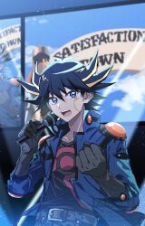 Rule 34 | 1boy, black hair, black shirt, blonde hair, blue eyes, blue jacket, brown gloves, clenched hand, cowboy shot, fudo yusei, gloves, highres, holding, holding microphone, jacket, kuroda (kuro yyy), microphone, multicolored hair, open clothes, open jacket, open mouth, shirt, solo, spiked hair, two-tone hair, yu-gi-oh!, yu-gi-oh! 5d&#039;s