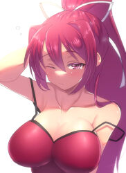 Rule 34 | 1girl, blush, breasts, cleavage, dazed, hair intakes, hair ribbon, highres, itsuka neru, large breasts, long hair, off shoulder, one eye closed, ponytail, purple hair, ribbon, solo, under night in-birth, very long hair, yuzuriha (under night in-birth)