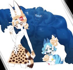 2girls :t animal_ears animal_print blonde_hair breasts cellien_(kemono_friends) cheerleader chest_sarashi cyclops extra_ears gloves highres humanization kemono_friends lucky_beast_(kemono_friends) medium_breasts multiple_girls muscular muscular_male notora one-eyed parody_request print_gloves print_skirt sarashi serval_(kemono_friends) shirt short_hair skirt striped_tail tail