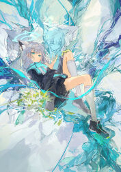1girl absurdres animal_ear_fluff animal_ears black_jacket black_shoes black_skirt blue_archive blue_eyes blue_halo blue_necktie blue_scarf commentary gloves grey_hair halo highres ichika_(ichika87) jacket necktie scarf shiroko_(blue_archive) shiroko_terror_(blue_archive) shirt shoes short_hair single_glove skirt socks solo symbol-only_commentary white_shirt white_socks wolf_ears wolf_girl