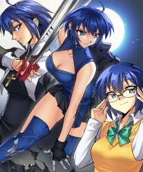 1990s_(style) 1girl absurdres artist_request between_fingers black_keys_(type-moon) blue_eyes blue_hair boots breasts ciel_(tsukihime) cleavage cleavage_cutout clothing_cutout commission cross cross_necklace full_moon glasses gloves highres holding holding_weapon jewelry large_breasts latin_cross long_sleeves looking_at_viewer moon multiple_views neck_ribbon necklace night night_sky powered_ciel retro_artstyle ribbon school_uniform second-party_source shirt short_hair skirt sky sleeveless smile solo_focus sweater_vest thigh_boots tsukihime tsukihime_(remake) weapon