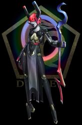 1girl belt belt_buckle black_background black_bodysuit bodysuit buckle colored_skin commander_magnet commentary covered_navel cyborg eidenjyou1997 emblem english_commentary evil_smile fake_horns full_body genderswap genderswap_(mtf) helmet highres holding holding_staff horned_helmet horns impossible_clothes kamen_rider kamen_rider_stronger_(series) magnet monster_girl pelvic_curtain red_belt red_helmet smile solo staff teeth white_skin
