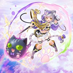 1girl animal_ears bell blue_jacket boots cat_ears cat_tail cloud jacket multicolored_hair open_clothes open_jacket paw_pose skirt slingshot_(weapon) star_(symbol) tail tail_bell tail_ornament thigh_strap twintails two-tone_hair valkyrie_connect
