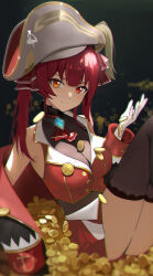 1078720951 1girl absurdres ascot black_choker black_coat black_hat black_thighhighs breasts choker cleavage coat coin cropped_jacket frilled_choker frills gloves gold_coin hair_ribbon hat highres hololive houshou_marine houshou_marine_(1st_costume) jacket large_breasts leotard leotard_under_clothes long_hair looking_at_viewer pirate_hat red_ascot red_coat red_eyes red_hair red_jacket red_ribbon red_skirt ribbon skirt sleeveless sleeveless_jacket solo thighhighs two-sided_coat two-sided_fabric virtual_youtuber white_gloves yellow_eyes