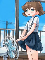 Rule 34 | 1girl, bicycle, blue skirt, blue sky, blush, brown hair, clothes lift, collared shirt, day, electric fan, green eyes, highres, open mouth, original, outdoors, panties, pleated skirt, school uniform, shirt, short sleeves, skirt, skirt lift, sky, solo, standing, suspender skirt, suspenders, underwear, wakamizu, white panties, white shirt