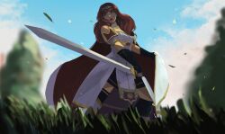 Rule 34 | 1girl, armor, armored boots, black gloves, black skirt, black thighhighs, boots, breastplate, cape, celica (fire emblem), choker, dress, fingerless gloves, fire emblem, fire emblem echoes: shadows of valentia, gloves, grass, highres, holding, holding sword, holding weapon, long hair, nintendo, princess, red eyes, red hair, rod langhi, skirt, sword, thighhighs, tiara, tree, weapon, white armor, white dress