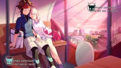 1boy 1girl ariekochan blue_jacket breasts brown_hair commission couple ferris_wheel hat head_on_another&#039;s_shoulder hetero highres jacket medium_breasts medium_hair nate_(pokemon) nintendo pink_hair pokemon pokemon_bw2 red_hat shirt shorts sitting skirt visor_cap white_hat white_shirt white_shorts yancy_(pokemon)