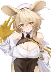 1girl absurdres animal_ear_fluff animal_ears arknights bare_shoulders beret blonde_hair blush breasts brown_skirt cleavage closed_mouth coat commentary dorothy_(arknights) ear_tag gloves hand_up hat highres hourglass large_breasts long_sleeves looking_at_viewer mouse_ears mouse_girl off_shoulder remapack77 shirt simple_background skirt smile solo white_background white_coat white_hat white_shirt yellow_eyes yellow_gloves