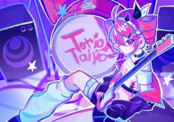 Rule 34 | 1girl, ahoge, amplifier, bass guitar, belt, black bow, black choker, black horns, black jacket, bow, choker, closed mouth, cropped shirt, drill hair, drum, flat chest, from side, hair between eyes, hair bow, headphones, highres, horns, instrument, jacket, jacket partially removed, kasane teto, kasane teto (sv), kneehighs, looking at viewer, midriff, red eyes, red hair, shirt, short sleeves, socks, solo, synthesizer v, thigh belt, thigh strap, toriotaiyo, twin drills, two-tone bow, utau, white belt, white bow, white shirt, white socks, zipper