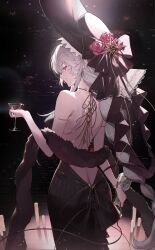 1girl absurdres alternate_costume arknights backless_dress backless_outfit black_background black_dress black_hat braid commentary cowboy_shot cup dress drinking_glass facing_away grey_hair hat hidikan highres holding holding_cup holding_microphone long_hair looking_back microphone outdoors red_eyes smile solo specter_(arknights) specter_the_unchained_(arknights) tagme very_long_hair wine_glass