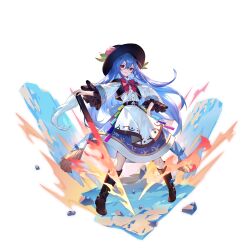 Rule 34 | absurdres, belt boots, black hat, blue hair, blue skirt, boots, bow, bowtie, food, fruit, hat, highres, hinanawi tenshi, holding, holding sword, holding weapon, leaf, long hair, peach, red bow, red bowtie, red eyes, shirt, skirt, sword, sword of hisou, touhou, touhou gensou eclipse, u u zan, weapon, white shirt