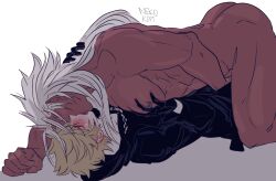 Rule 34 | 2boys, black coat (kingdom hearts), blonde hair, blush, boy on top, closed eyes, clothed male nude male, dark-skinned male, dark skin, ear blush, french kiss, groping, hand on another&#039;s chest, hand on another&#039;s crotch, kingdom hearts, kingdom hearts ii, kiss, long hair, looking at another, lying, male focus, multiple boys, nekokat42, nipples, nude, on back, on floor, orange eyes, pectorals, pointy ears, roxas, saliva, short hair, spiked hair, toned, toned male, tongue, xemnas, yaoi