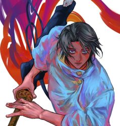 1boy black_hair closed_mouth coat expressionless grey_eyes holding holding_sword holding_weapon jujutsu_kaisen katana male_focus okkotsu_yuuta rei_(poro06625649) sheath short_hair solo sword unsheathing upper_body weapon white_background white_coat