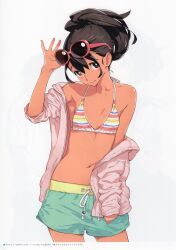1girl absurdres bare_shoulders bikini bikini_shorts bikini_tan blush breasts brown_hair collarbone dark-skinned_female dark_skin eyewear_on_head fukuda_tomonori grey_eyes hair_between_eyes head_tilt highres holding holding_removed_eyewear jacket jacket_on_arm jacket_partially_removed long_hair looking_at_viewer navel non-web_source official_art open_clothes open_jacket pink-framed_eyewear pink_jacket robotics;notes scan senomiya_akiho shorts small_breasts smile solo stomach sunglasses swimsuit tan tanline thighs unworn_eyewear white_background