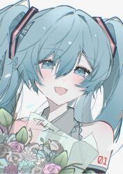 1girl aqua_eyes aqua_hair bare_shoulders blush bouquet detached_sleeves english_text fang flower hatsune_miku highres holding holding_bouquet long_hair looking_at_viewer number_tattoo open_mouth ria_art_game simple_background skin_fang smile solo tattoo twintails upper_body vocaloid white_background