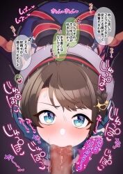 1boy 1girl all_fours belt beret black_boots blue_eyes blue_jacket blue_shorts blush boots bow braid brown_hair censored commentary_request dtawawa erection eyelashes fellatio full_body hair_ornament hat highres hololive jacket long_sleeves looking_at_viewer mosaic_censoring oozora_subaru oozora_subaru_(work) oral paid_reward_available penis purple_background ribbon saliva short_hair shorts solo solo_focus sound_effects speech_bubble swept_bangs translation_request virtual_youtuber white_belt