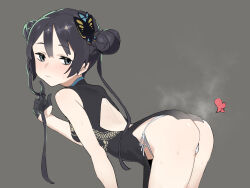 1girl ass back black_gloves black_hair blue_archive blue_eyes breasts china_dress chinese_clothes double_bun dragon_print dress fart female_focus gloves hair_bun hair_ornament heart highres kisaki_(blue_archive) loli long_hair looking_at_viewer panties q_haoyu side-tie_panties sleeveless small_breasts solo smell twintails underwear white_panties