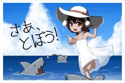 Rule 34 | 1girl, animal ears, barefoot, blue sky, border, bow, brown bow, brown eyes, brown hair, cloud, commentary, day, dress, english commentary, floppy ears, full body, hare of inaba, hat, hat bow, highres, inaba tewi, looking at viewer, low twintails, ocean, open mouth, outdoors, rabbit ears, rabbit girl, shark, short hair, sky, smile, solo, sun hat, sundress, touhou, translation request, ttzl, twintails, water, white border, white dress, white hat