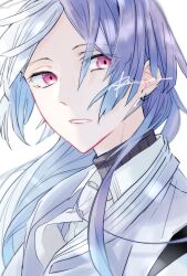 1boy absurdres bungou_stray_dogs collared_shirt commentary earrings highres jewelry long_hair male_focus multicolored_hair necktie parted_lips pink_eyes portrait purple_hair r1kuuw shirt sigma_(bungou_stray_dogs) signature simple_background solo split-color_hair sweater symbol-only_commentary turtleneck turtleneck_sweater two-tone_hair white_background white_hair white_shirt