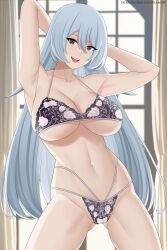 Rule 34 | 1girl, aslindsamure, bra, breasts, brown eyes, fairy tail, highres, large breasts, long hair, panties, smile, underwear, white hair, yukino agria