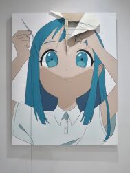 1girl acrylic_gouache_(medium) acrylic_paint_(medium) blue_eyes blue_hair canvas_(medium) canvas_(object) closed_mouth collared_shirt fourth_wall hands_up highres holding holding_needle looking_up momoe_(mme_daigaku) needle original painting_(medium) shirt short_sleeves solo stitches thread torn traditional_media unconventional_media white_shirt