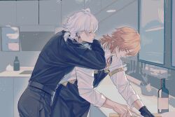 2boys antenna_hair apron atalkingdonut black_apron black_choker black_gloves black_pants black_shirt blonde_hair blue_eyes chest_tattoo choker collared_shirt commentary earclip english_commentary facial_tattoo gloves hand_on_another&#039;s_shoulder highres honkai:_star_rail honkai_(series) leaning_on_person male_focus medium_hair multiple_boys mydei_(delicacies)_(honkai:_star_rail) mydei_(honkai:_star_rail) official_alternate_costume pants parted_bangs phainon_(fashion)_(honkai:_star_rail) phainon_(honkai:_star_rail) ponytail red_tattoo shirt short_hair single_glove tattoo white_hair white_shirt yellow_eyes