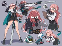2girls bangboo_(zenless_zone_zero) bigggbrick black-framed_eyewear black_gloves black_skirt blue_horns blue_oni blue_skin breasts colored_skin commentary earrings english_commentary glasses gloves high-waist_skirt highres holding_bento horns hourglass_earrings long_hair multiple_girls naginata oni open_mouth pencil_skirt pink_eyes pink_hair polearm semi-rimless_eyewear shirt sidelocks simple_background skin-covered_horns skin-covered_tail skirt smile soukaku_(zenless_zone_zero) toon_(style) tsukishiro_yanagi weapon white_shirt zenless_zone_zero