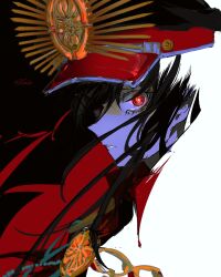 1girl black_hair black_hat blending cape dselo01 fate/grand_order fate_(series) glowing glowing_eyes hat highres looking_at_viewer medallion oda_nobunaga_(fate) oda_nobunaga_(koha-ace) oda_uri parted_lips peaked_cap red_cape red_eyes signature simple_background solo wind