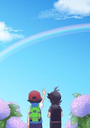 2boys arm_up ash_ketchum backpack bag black_hair black_pants blue_vest cloud commentary_request day flower from_behind goh_(pokemon) green_bag grey_shirt hat highres hydrangea index_finger_raised male_focus multiple_boys nintendo outdoors pants pointing pokemon pokemon_(anime) pokemon_journeys pokesumomo rainbow red_hat shirt short_sleeves sky t-shirt vest water_drop white_shirt