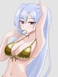 1girl absurdres arm_up bikini breasts cleavage eiai_nano female_focus front-tie_bikini_top front-tie_top gold_bikini golden_week golden_week_bikini highres kimi_no_koto_ga_dai_dai_dai_dai_daisuki_na_100-nin_no_kanojo large_breasts looking_at_viewer mouth_hold navel red_eyes shiny_swimsuit sideboob solo swimsuit tying_hair underboob white_hair yuuki-yow