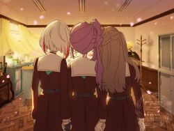 3girls acoustic_guitar aqua_neckerchief belt black_belt black_choker black_gloves blue_flower bob_cut brown_dress brown_hair cabinet ceiling_light choker clothes_hanger clubroom commentary curtains dress facing_away falling_petals flower fluorescent_lamp from_behind fujishima_megumi gloves guitar half_gloves hasu_no_sora_school_uniform holding_hands in-universe_location indoors instrument inverted_bob kyaku_tasu leaning_on_person leaning_to_the_side light_particles link!_like!_love_live! long_hair long_sleeves love_live! multicolored_hair multiple_girls neckerchief otomune_kozue petals phonograph pink_flower pink_petals pleated_dress purple_hair red_hair sailor_collar sailor_dress school_uniform short_hair side_ponytail standing streaked_hair two_side_up vase virtual_youtuber watermark white_hair white_sailor_collar window winter_uniform yugiri_tsuzuri