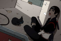 black_eyes black_hair cat forehead_protector kamoi_hayato naruto_(series) naruto_shippuuden open_mouth sai short_hair sitting