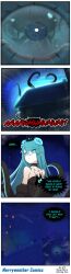 Rule 34 | 1girl, absurdres, at2., bare shoulders, black choker, black crown, black dress, black sleeves, blue eyes, blue hair, breasts, bright pupils, choker, closed mouth, collarbone, commentary, crown, cthulhu (merryweather), cthulhu mythos, detached sleeves, double-parted bangs, dress, english commentary, english text, hair between eyes, hair ornament, hair over one eye, highres, long hair, merryweather, monster girl, night, screaming, sleeveless, sleeveless dress, small breasts, tentacles, very long hair, white pupils