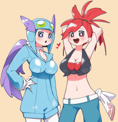 2girls arms_behind_head bare_arms bare_shoulders black_shirt blue_suit blue_unitard blush breasts collarbone crop_top denim edvv8447 flannery_(pokemon) formal_clothes goggles goggles_on_head hair_wings hand_on_own_hip heart helmet highres jeans large_breasts long_hair midriff multiple_girls navel nintendo pants pilot_helmet pilot_suit pokemon pokemon_oras ponytail purple_eyes purple_hair red_eyes red_hair red_undershirt shirt split_ponytail suit undershirt winona_(pokemon)