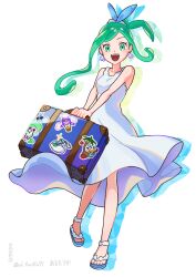 1girl :d alolan_exeggutor alolan_form altaria alternate_costume arutarika_(ri_kaoekaki) bare_arms blue_ribbon character_print commentary_request creatures_(company) dress drifblim earrings eyelashes full_body galarian_form galarian_ponyta game_freak gen_1_pokemon gen_3_pokemon gen_4_pokemon gen_7_pokemon gen_8_pokemon green_eyes green_hair hair_ribbon happy highres jewelry lisia_(pokemon) looking_at_viewer nintendo open_mouth pikachu pokemon pokemon_oras ribbon sandals sleeveless sleeveless_dress smile solo sticker suitcase swablu teeth toes upper_teeth_only white_dress