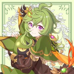 1girl ankoro bridal_gauntlets brown_dress capelet closed_mouth collei_(genshin_impact) crossed_bangs cuilein-anbar_(genshin_impact) dress from_side gem genshin_impact green_capelet green_hair hair_between_eyes highres long_hair long_sleeves pink_gemstone purple_eyes short_dress smile solo tassel-trimmed_capelet upper_body