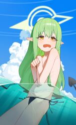 1girl absurdres bikini bikini_bottom_only black_bikini blue_archive blue_sky blush covering_breasts covering_privates day demon_tail green_hair green_halo halo highres hikari_(blue_archive) holypotato0 huge_filesize loli long_hair navel open_mouth partially_submerged pointy_ears side-tie_bikini_bottom sky solo swimsuit tail topless_female water yellow_eyes