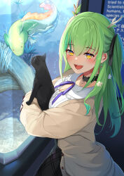 Rule 34 | 1girl, antlers, aquarium, black choker, black skirt, blush, breasts, buttons, cardigan, cat, ceres fauna, ceres fauna (jirai kei), choker, cleavage, fish, flower, green hair, hair flower, hair ornament, highres, hololive, hololive english, horns, long hair, mole, mole under eye, open mouth, plaid clothes, plaid skirt, shirt, skirt, smile, snail (ceres fauna), sora no tori, virtual youtuber, white flower, white shirt, yellow cardigan, yellow eyes