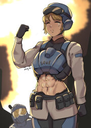 1boy 1girl abs ammunition_pouch artist_name black_gloves blonde_hair bulletproof_vest explosion fluffydus gloves goggles goggles_on_headwear helldiver_(helldivers) helldivers_(series) helmet highres military_uniform pouch salute seaf_soldier_(helldivers) short_hair super_earth_salute_(helldivers) toned