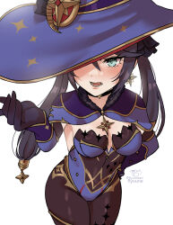 1girl black_choker black_gloves black_hair blue_hat blue_leotard blush bodystocking breasts brooch choker earrings fur_collar genshin_impact gloves gold_thighlet gold_trim green_eyes hand_on_own_hip hand_up hat highres jewelry leotard medium_breasts mona_(genshin_impact) open_mouth ryuuneart simple_background single_earring solo twintails white_background witch_hat