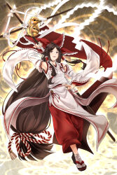 Rule 34 | 1girl, absurdly long hair, arkatopia, banner, bare shoulders, battle standard, bell, bow, brown eyes, brown hair, chihaya (clothing), commentary request, detached sleeves, flag, flip-flops, foul detective satori, frilled bow, frilled hair tubes, frills, full body, gensokyo&#039;s first hakurei miko, gohei, hair bow, hair flaps, hair tubes, highres, holding, holding banner, holding gohei, huge bow, japanese clothes, jingle bell, kosode, large bow, long hair, long sleeves, miko, open mouth, pants, red bow, red pants, red ribbon, red rope, ribbon, ribbon-trimmed sleeves, ribbon trim, rope, sandals, shirt, socks, solo, tabi, tassel, touhou, very long hair, war banner, war flag, white ribbon, white rope, white shirt, white sleeves, white socks