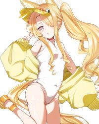 1girl animal_ear_fluff animal_ears bare_legs bare_shoulders blonde_hair blue_archive breasts covered_navel cross_halo diamond_cutout extra_ears feet_up fox_ears fox_girl fox_tail hair_over_one_eye half-closed_eyes halo hand_up highleg highleg_one-piece_swimsuit highres jacket loli long_hair long_sleeves looking_at_viewer nishizora_kiichi no_eyewear off_shoulder official_alternate_costume official_alternate_hairstyle one-piece_swimsuit one_eye_covered orange_eyes parted_lips sandals seia_(blue_archive) seia_(swimsuit)_(blue_archive) shoes side_ponytail simple_background small_breasts solo standing standing_on_one_leg swimsuit tail thighs tilted_head v very_long_hair visor_cap white_background white_one-piece_swimsuit yellow_halo yellow_jacket yellow_sandals yellow_shoes yellow_visor