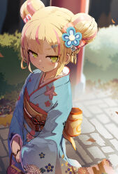 Rule 34 | 1girl, blonde hair, busou kanojo, double bun, floral print, green eyes, hair bun, hair ornament, hairclip, highres, japanese clothes, kimono, looking at viewer, mafuyu anzu, multicolored hair, namako (namacotan), obi, obiage, obijime, print kimono, sash, short hair, solo, streaked hair, virtual youtuber