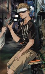 Rule 34 | 1boy, beige shorts, black shirt, blonde hair, city, closed mouth, dead mount death play, glasses, hand up, headphones, highres, kuruya takumi, long hair, looking at viewer, night, night sky, serious, shirt, sitting, sky, solo
