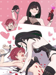 Rule 34 | 2girls, arms up, black bra, black corset, black hair, black pantyhose, black thighhighs, blue eyes, bra, breasts, brown hair, candle, cleavage, closed eyes, commission, corset, cuffs, digimon, digimon savers, digimon seekers, fujieda yoshino, futa yuri ryona, handcuffs, heart, highres, in-franchise crossover, long hair, multiple girls, open mouth, pantyhose, see-through clothes, see-through cleavage, short hair, skeb commission, tamahime satsuki, teeth, thighhighs, tongue, tongue out, underwear, upper teeth only, yuri