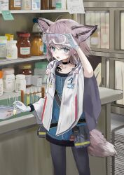absurdres animal_ears arknights black_choker black_pantyhose blue_eyes blue_vest choker commentary_request fox_ears fox_girl fox_tail gloves highres infection_monitor_(arknights) material_growth mikeneko90 open_mouth oripathy_lesion_(arknights) pantyhose purple_hair short_hair sussurro_(arknights) tail vest white_gloves