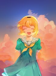 Rule 34 | 1girl, ^ ^, arms behind back, black hairband, blonde hair, closed eyes, cloud, cloudy sky, commentary request, dress, evening, facing viewer, green dress, hairband, highres, higurashi no naku koro ni, houjou satoko, neckerchief, open mouth, outdoors, puffy short sleeves, puffy sleeves, sailor collar, sailor dress, school uniform, short hair, short sleeves, sky, smile, softcr3am, solo, standing, teeth, upper body, upper teeth only, white sailor collar, yellow neckerchief