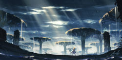 1boy animal arsh_(thestarwish) artist_name bird black_cape blonde_hair boots cape cloud cloudy_sky day facing_away flock from_behind highres lake light_rays link male_focus mushroom nature nintendo outdoors oversized_object pants planted planted_sword planted_weapon rain ruins scenery signature sky solo standing sunlight sword the_legend_of_zelda the_legend_of_zelda:_breath_of_the_wild tree water waterfall weapon wide_shot