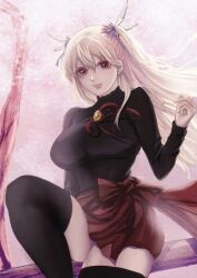 1girl alisa_reinford blonde_hair bow breasts commentary commission double-parted_bangs eiyuu_densetsu english_commentary feather_hair_ornament feathers floating_hair gradient_background hair_between_eyes hair_ornament highres large_breasts long_hair long_sleeves looking_at_viewer pink_background red_eyes sen_no_kiseki sen_no_kiseki_(series) sen_no_kiseki_i sen_no_kiseki_iii simple_background skirt smile solo thighhighs yurya_elfead
